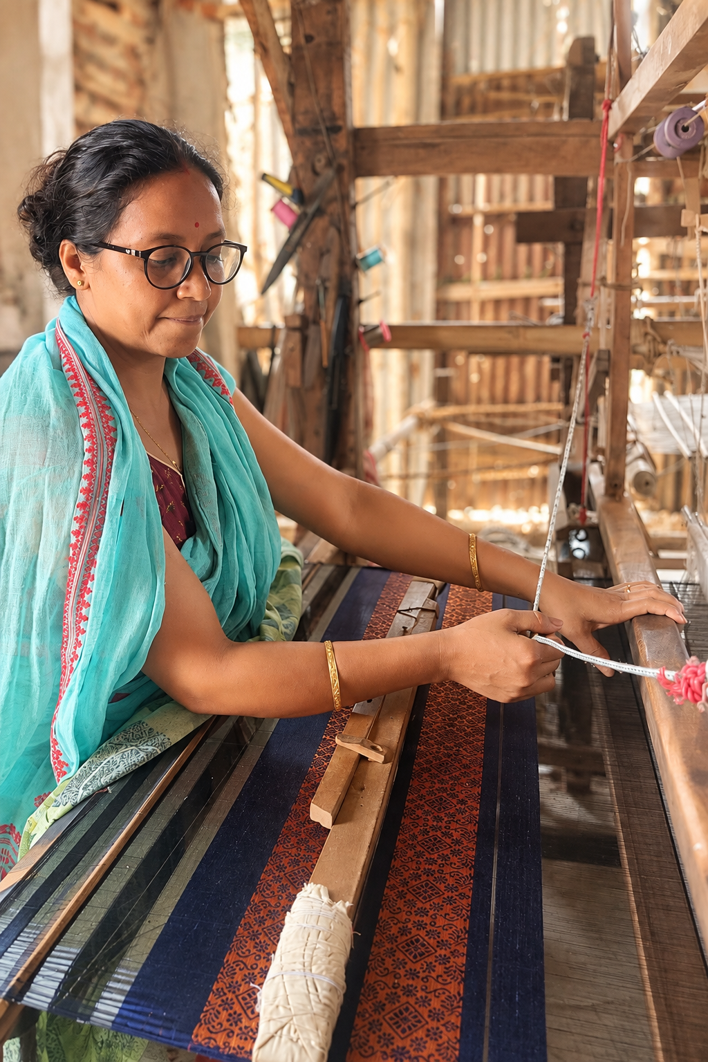 A woman artisan weaving silk at a traditional handloom