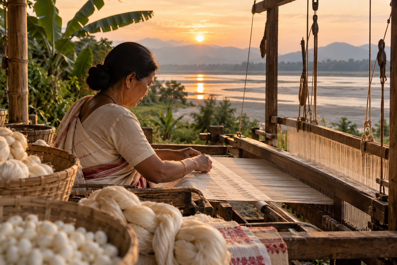 Assamese artisan weaving natural silk on a traditional handloom beside the river