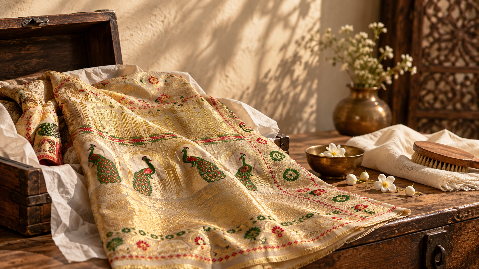 A pale golden Muga silk sari with gold zari, peacock motifs and woven borders, resting in a wooden chest