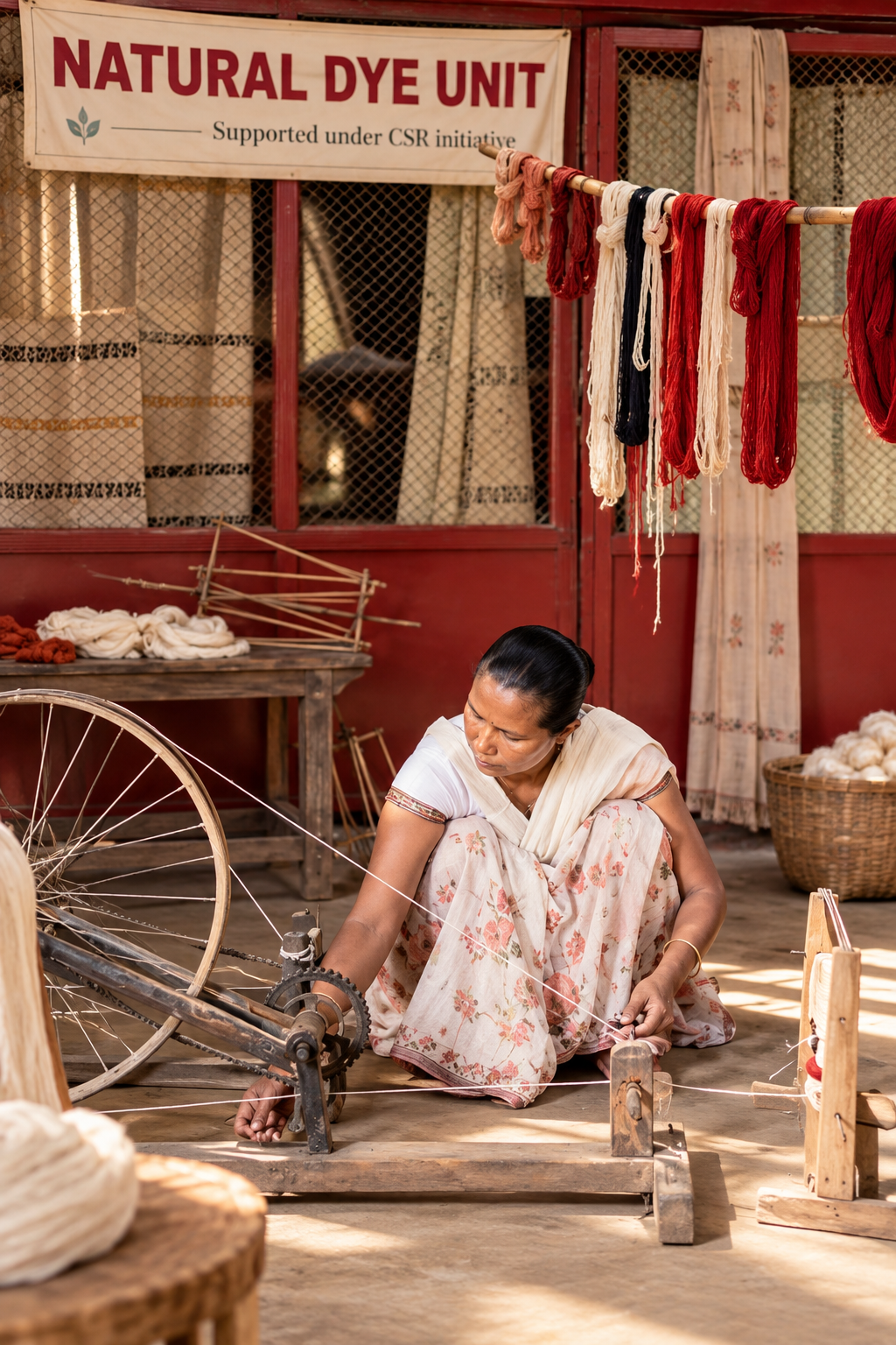 Artisan working thread on a traditional spinning wheel at a natural dye unit in Assam