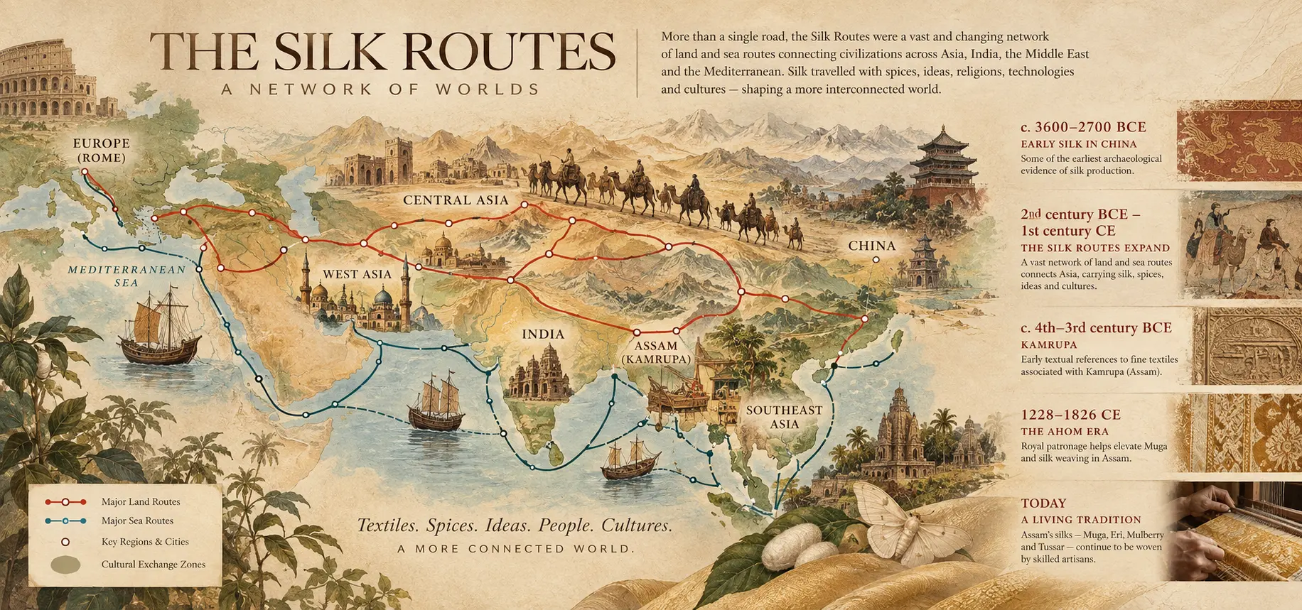 The Silk Routes — A Network of Worlds: illustrated map of land and sea routes across Europe, West Asia, Central Asia, India, Assam (Kamrupa), Southeast Asia and China, with a historical timeline