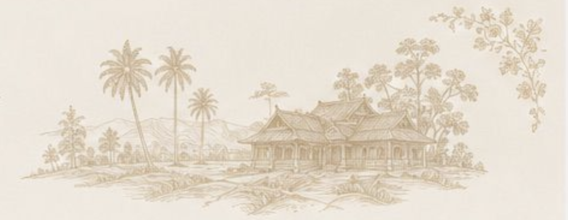 Illustrated landscape of Assam — palm trees, traditional Assamese house, and floral sprig
