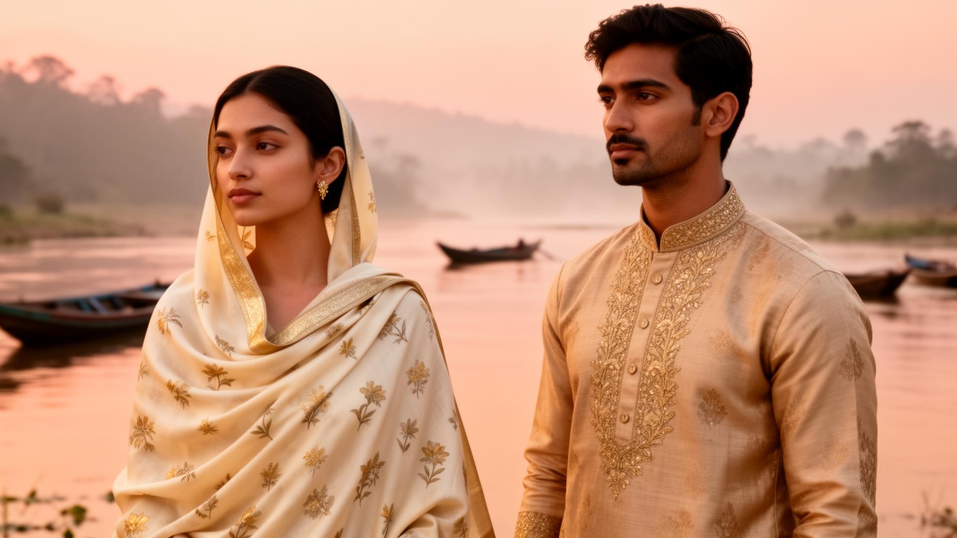 A woman in cream silk in golden hour light